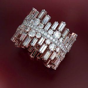18K WHITE GOLD-PLATED BAGUETTE AND ROUND DIAMOND RING